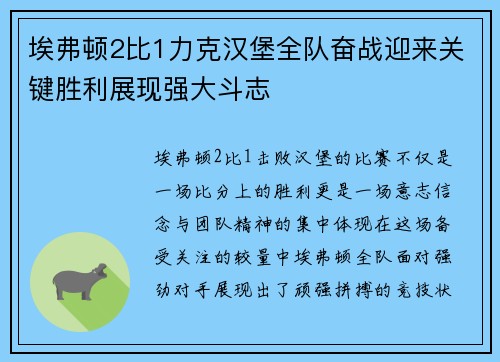 埃弗顿2比1力克汉堡全队奋战迎来关键胜利展现强大斗志